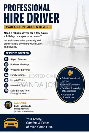 Professional Driver Available for Hire in Lagos
