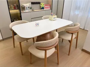 Modern White Dining Table Set – Sculptural Wood Base, 4 Cream Chairs