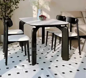 Modern Black White Dining Table Set – Sculptural Wood Legs, 4 Chairs
