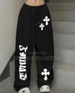 Unisex Black Cross Print Baggy Joggers – Stylish Streetwear Trousers