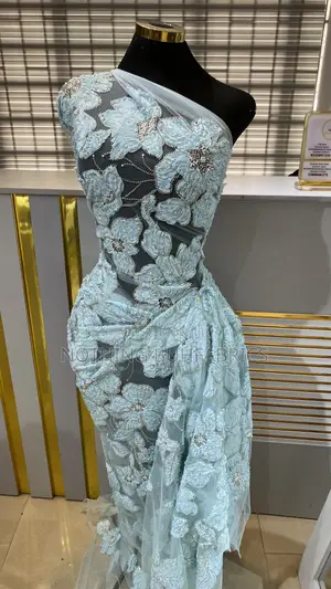 Sage Blue Ruffle Pearled Beaded Tulle