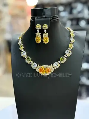 Luxury Gold Tone Yellow Crystal Bridal Necklace Set