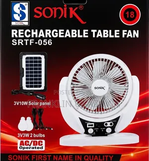 Sonik 18" Rechargeable Solar Table Fan With Solar Panel 2 LED Bulbs