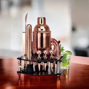 14 Pieces Stainless Steel, Pink Gold Cocktail Shaker, Rotating Holder
