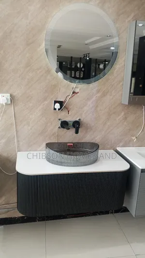 Luxury Fluted Bathroom Vanity Set With Glass Basin LED Mirror