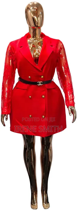 Red Blazer Mini Dress Lace Sleeves With Gold Buttons