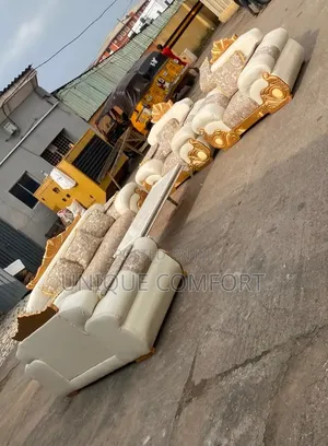 Luxury Royal Sofa Set With Throw Pillows and Marble Center Table