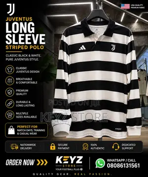 Juventus Black White Striped Long Sleeve Polo | Football Jersey
