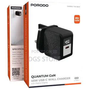 Porodo Quantum Gan 45w USB C Wall Charger With Digital Display