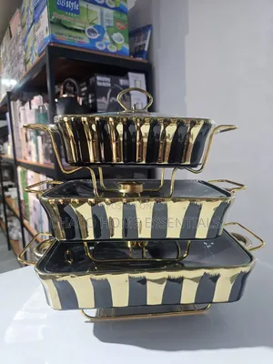 Striped Black Gold Ceramic Serving Dish Set