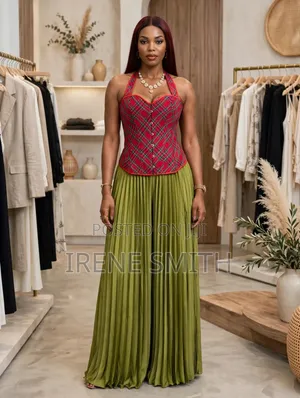 Red Plaid Corset Top and Olive Green Pleated Palazzo Set.