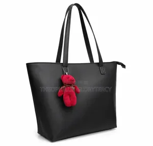 Women's Leather Tote Handbag With Teddy Bear Charm