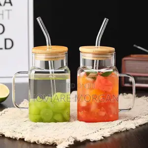 Glass Cup With Bamboo Cover and Glass Straw