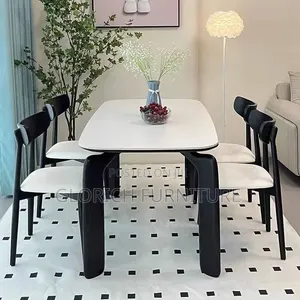 Modern Black White Dining Table Set – Sculptural Wood Legs, 4 Chairs