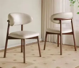 Modern Wood Dining Chair – Cream Leather, Curved Backrest