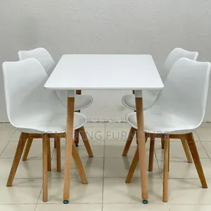 Rectangular Wooden Top White Table Set With Fiber Chair Full Leather.