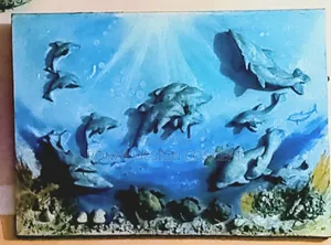 Deep Ocean Dolphin Relief Sculpture on Frameless Canvas