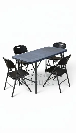 Outdoor Basket Wave 4ft Plastic Table 4 Foldable Chairs - BLACK