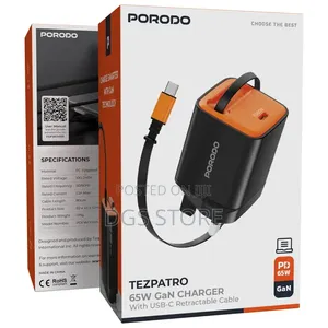 Porodo Tezpatro 65w Gan Charger With USB C Retractable Cable