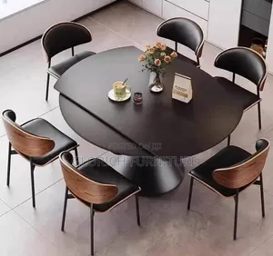 Modern Extendable Round Dining Table Set – 6 Wood Leather Chairs