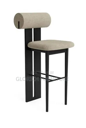 Modern Bar Stool – Sculptural Black Frame, Cylindrical Backrest