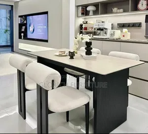 Modern Fluted Kitchen Island Table Set – 4 Boucle Bar Chairs