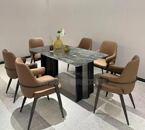 Modern Green Marble Dining Table Set – 6 Tan Leather Chairs