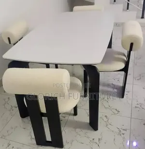 Modern White Dining Table Set – Boucle Bolster Chairs, Black Frame