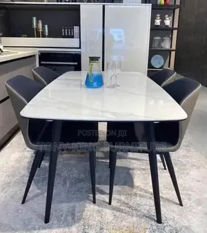 Imported Marble Top Dining Table Set by 6-Seater With Black Metal Leg