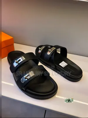 Men’s Premium Black Double-Strap Leather Slides/Sandals