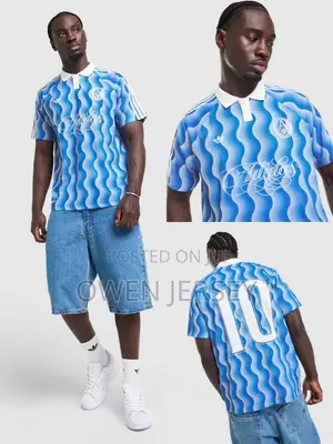 Blue Wave Pattern Football Jersey – Retro Streetwear Edition