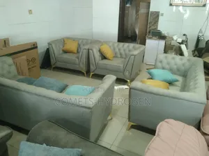 7 Seater Modern Velvet Chesterfield Sofa Set Tufted Gray Gold Legs