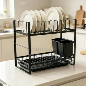 2 Tier Dish Rack With Drainer Tray – Metal Plate Rack Cutlery Holder