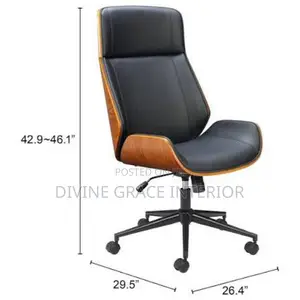 Leather Padded Swivel Office Chair With Wooden Accent