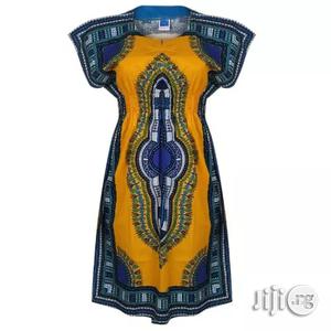 African Print Traditional Midi Dress - Yellow Blue