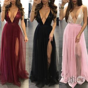 Sequins Stitching Chiffon Dress Deep V Strap Sexy Evening Dress