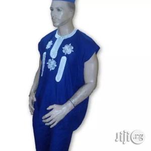 Men's Danshiki Native - Royal Blue With White Embroidery