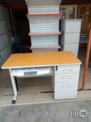 Metal Imported Office Table With Wood Top and Sided Drawer