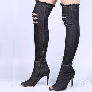 Over The Knee Thigh High Denim High Heel Boots - Black