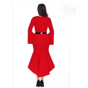 Sleeve Dip Hem Belted Red Bell Dress