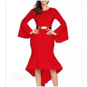 Sleeve Dip Hem Red Bell Belted Dress