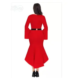 Bell Sleeve Green Dip Hem Belted Dress