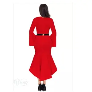 Red Bell Sleeve Dip Hem Belted Dress