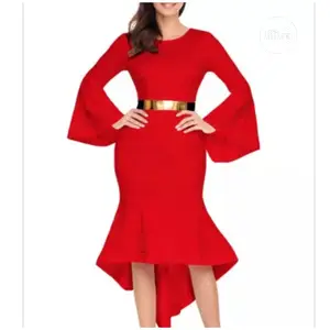 Red Bell Sleeve Dip Hem Belted Dress