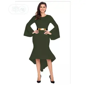 Bell Sleeve Dip Hem Belted Dress - Green