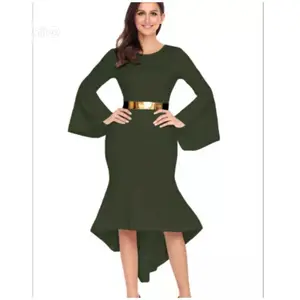 Green Bell Hem Belted Sleeve Dip Dress