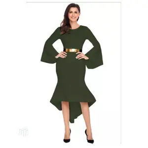Emfed Olive Green Bell Sleeve Dip Hem Belted Dress