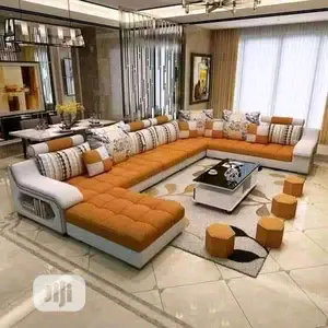 U- Shaped Fabric Sofa With Center Table and Ottoman