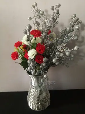 Table/Shelf Wooden Silver Vase With Exotic Flowers - Silver