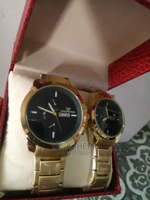 Emporio Armani Couples Black Face Wrist Watch - Gold
